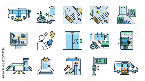 Elegant Accessibility Icons Showing Wheelchair Friendly Transportation and Public Infrastructure Solutions