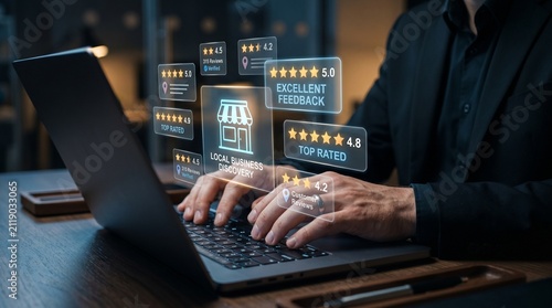 Businessman typing on laptop with local business reviews and excellent feedback icons