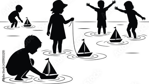 Children Playing With Toy Boats Black Silhouette Against White Background