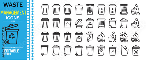 Bild auf Leinwand Garbage Container and Wheelie Bin Outline Icon Set