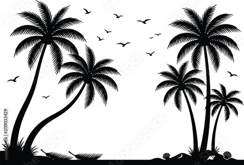 Palm tree silhouette with flying birds against a white background