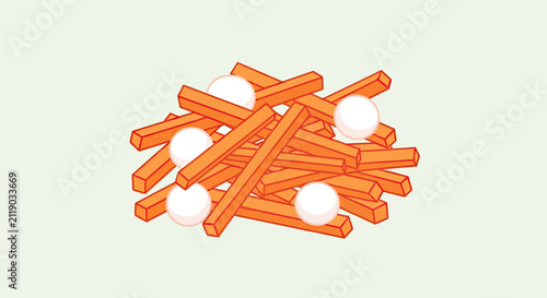 Fotografie Pile of orange fries with white round objects interspersed