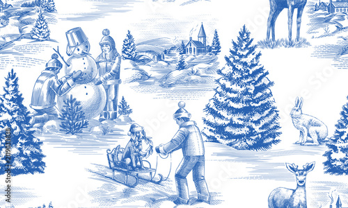 Christmas Toile De Jouy seamless pattern. Winter scenes with children nature and pines. Landscape and animals and snowman. Hand drawn traditional drawing. Vintage looking engraving