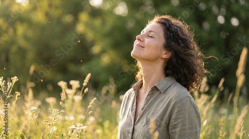 Happy peaceful woman with eyes closed breathing fresh air and enjoying the sun in a blooming summer meadow at golden hour