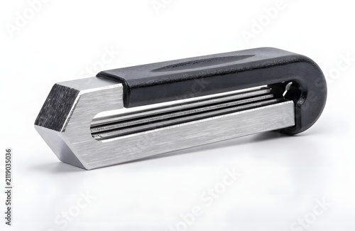 Folding hex key set in closed position. Compact metal allen wrench tool for repairs.