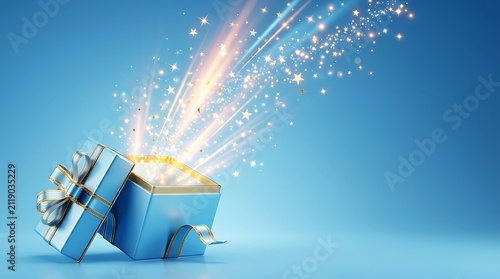 A blue gift box opening to reveal a magical explosion of bright golden light and sparkling particles against a soft blue background