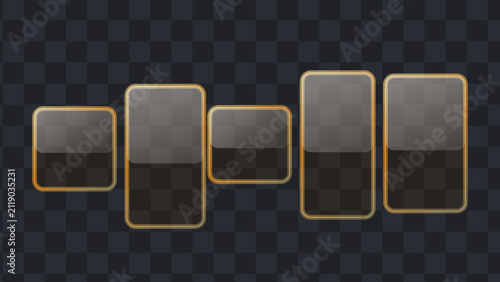 Glassmorphism UI elements with gold borders. Frosted glass frames for modern web design.