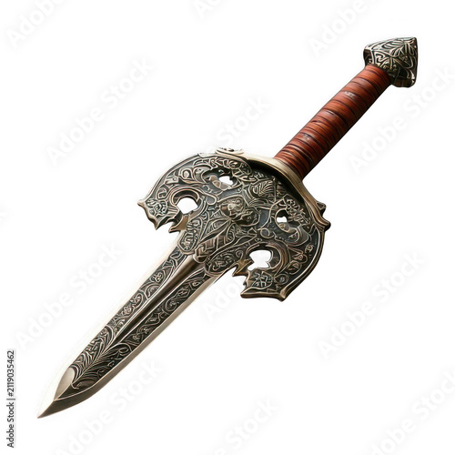 Vintage medieval dagger with an ornate metal handle and a leather grip for fantasy roleplay or historical collection isolated on transparent background