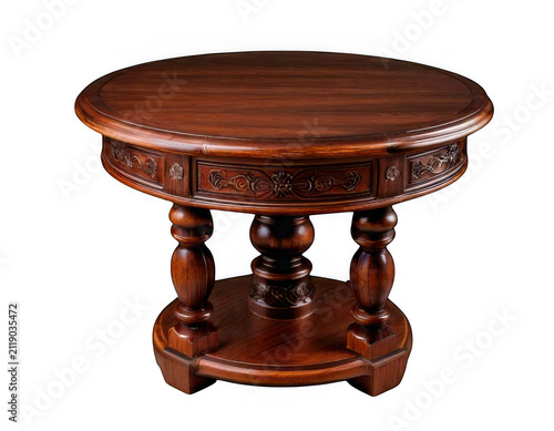 Small round dark wooden table with carved details and a pedestal base for living room or home office decor isolated on transparent background