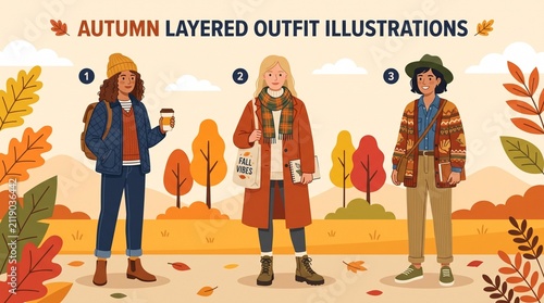 Autumn Layered Outfit Illustrations in Modern Flat Design | Cozy Fall Fashion Clothing Collection