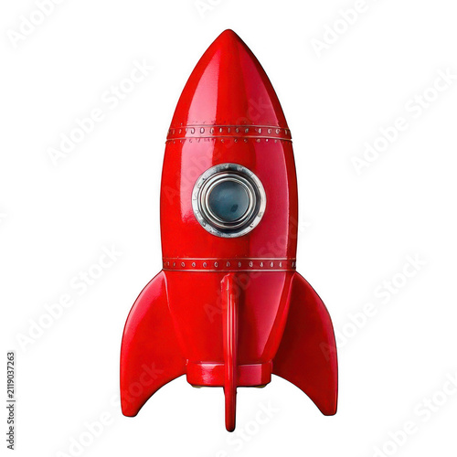 A bright red toy rocket ship standing vertically with a metal porthole window for space travel and exploration themes isolated on transparent background