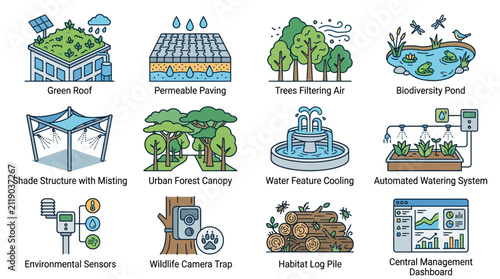 Elegant of Smart Urban Green Infrastructure Solutions for Sustainable City Planning with high quality professional line art symbols for modern creative design and digital branding projects