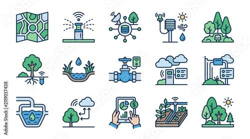 Professional Illustrated Icons Set Showcasing Smart Water Management IoT Renewable Energy and Environmental Monitoring Systems