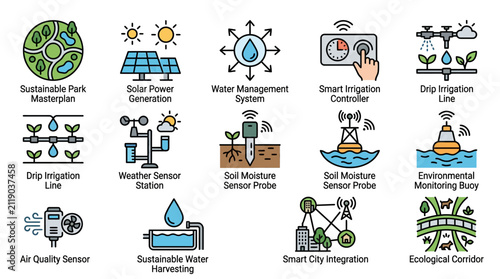 Minimalist Illustrations of Sustainable Park and Smart Irrigation Systems with Solar Power Sensors and Eco Integration