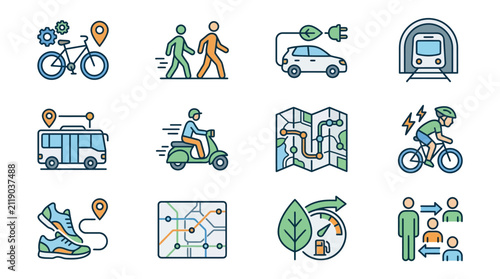 Professional Illustrated Icons Set Showing Various Sustainable Urban Transportation and Lifestyle Choices