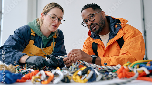 Two ropemakers testing rigging tension against a white studio backdrop, wilderness trail maintenance carabiners and knot guides spread on the table between them, a couple working in close profession
