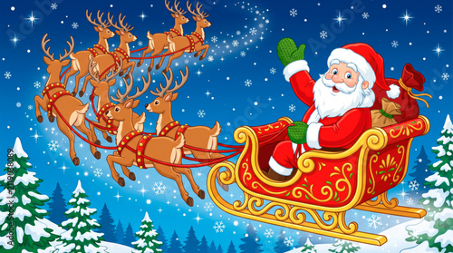 Santa Claus waving from flying sleigh with reindeer across starry winter night sky