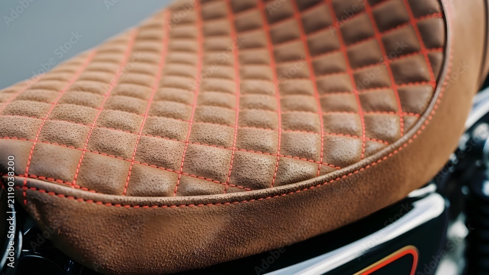 Obraz premium High-quality custom motorcycle seat, brown leather with intricate red diamond stitching.