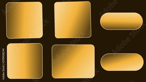 Gold metallic shapes set. Shiny yellow metal buttons and geometric design elements.