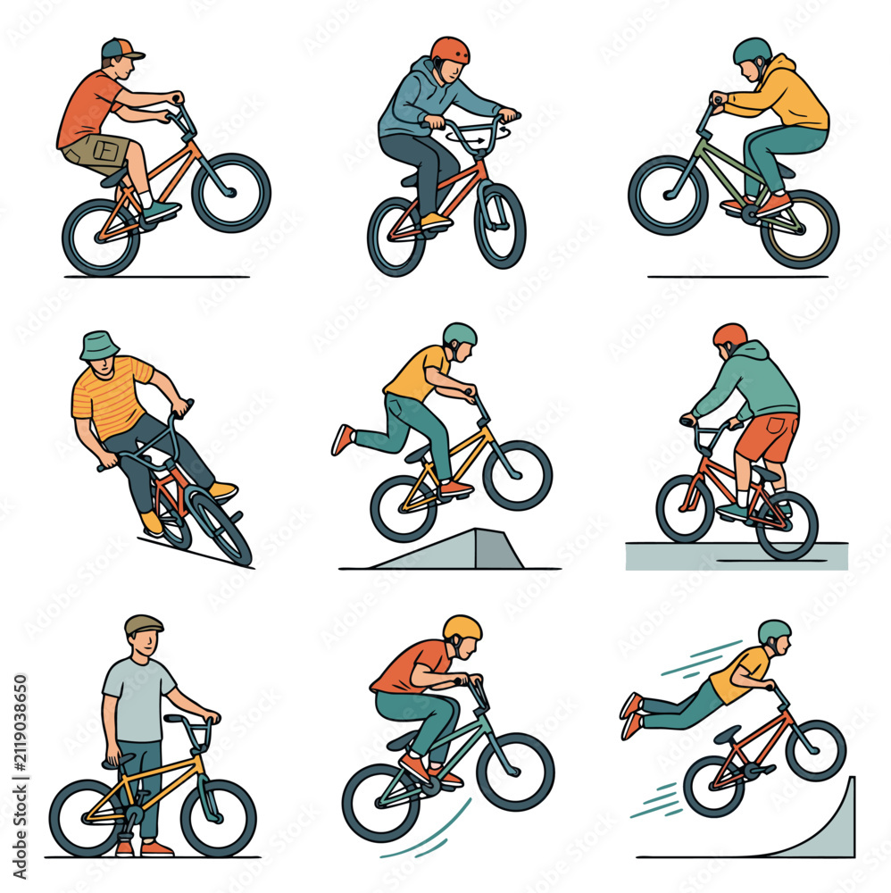 Fototapeta premium BMX Bicycle Tricks Collection – Cute Cartoon Rider Action Character Vector Icon Set