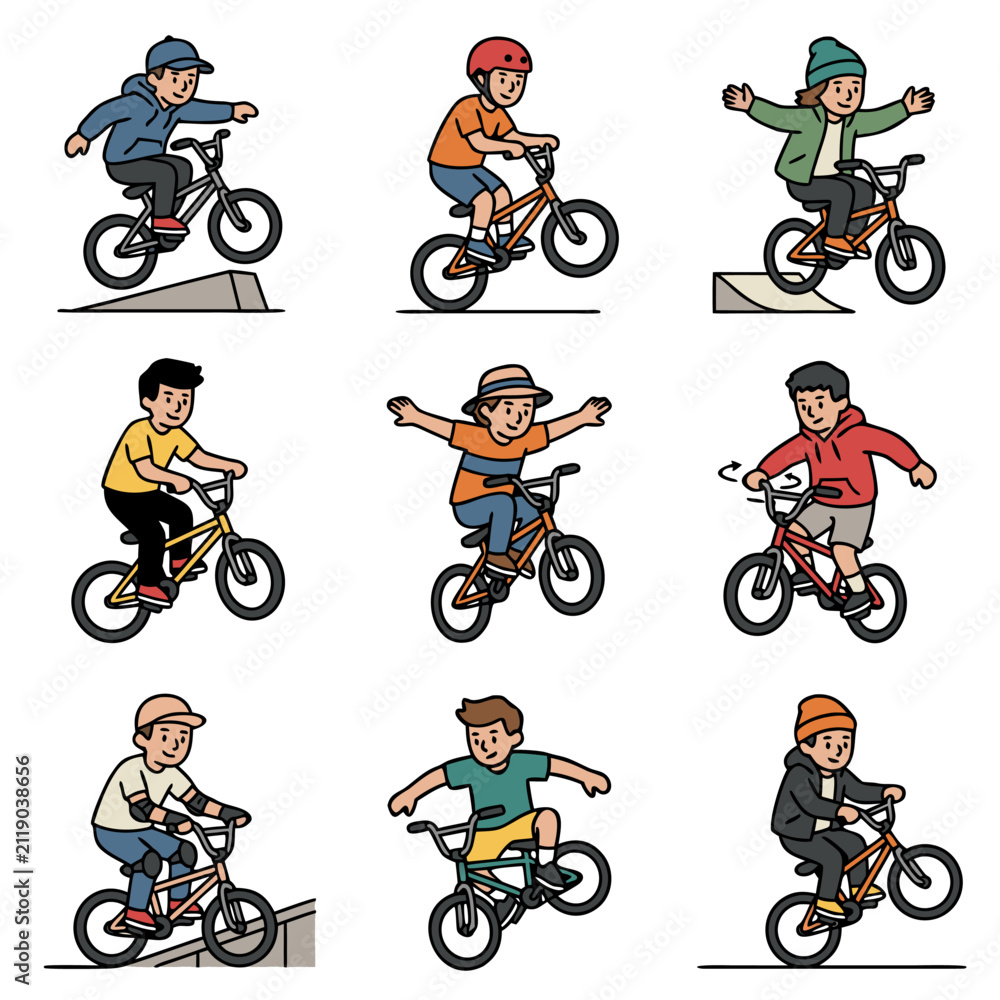 Fototapeta premium BMX Bicycle Tricks Collection – Cute Cartoon Rider Action Character Vector Icon Set