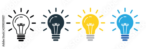 Light bulb icon set, idea, innovation and electric lamp symbols with glowing light, power and creativity concepts, clean vector illustration
