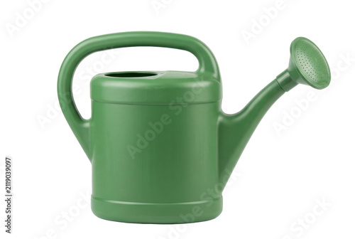 Classic green plastic watering can with rose head.