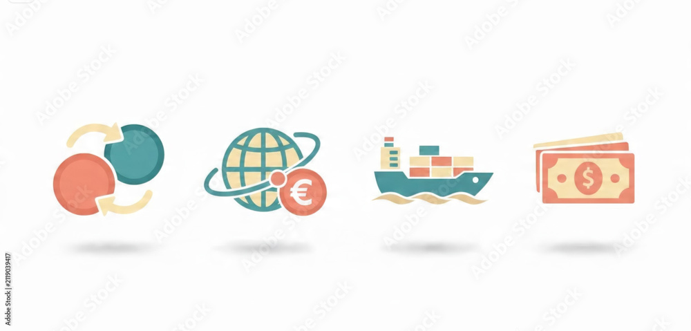 Fototapeta premium Comprehensive vector icon set depicting global trade, international finance, logistics, and currency exchange for modern business concepts and economic transactions