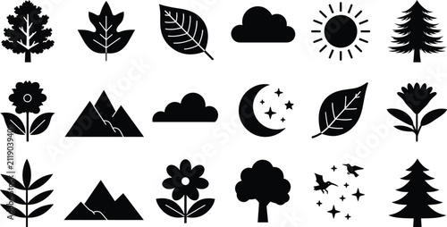 Nature vector icon set depicting diverse forest elements
