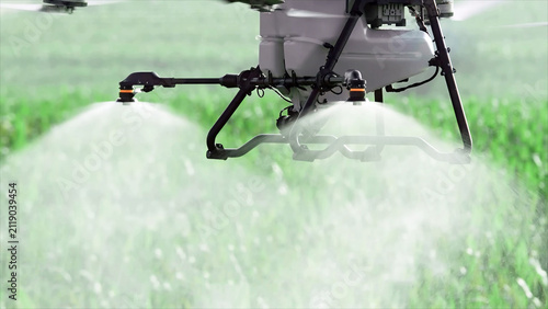 Close-Up of Drone Spray Nozzles Misting Green Crop Field