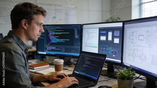 Professional coder analyzing software algorithms while programming on portable computer in modern workspace.