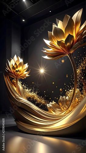 An opulent display of golden lotus flowers, adorned with shimmering gold dust and fluidic drapery, evokes a sense of luxury and spiritual enlightenment in a dark, atmospheric setting.