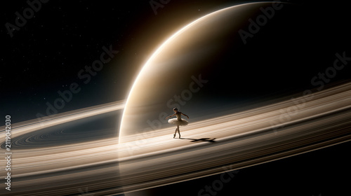 Tiny Ballerina Dancing on Saturn's Rings Surreal Space Photography