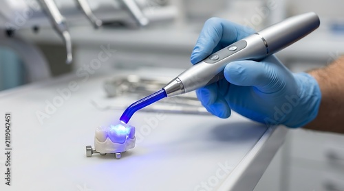 Dental curing light hardening a ceramic tooth restoration in a professional laboratory environment