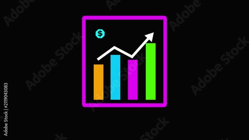 Colorful bar graph with upward arrow and dollar sign indicating financial growth and positive economic trends on a black background Keywords: bar chart, graph.