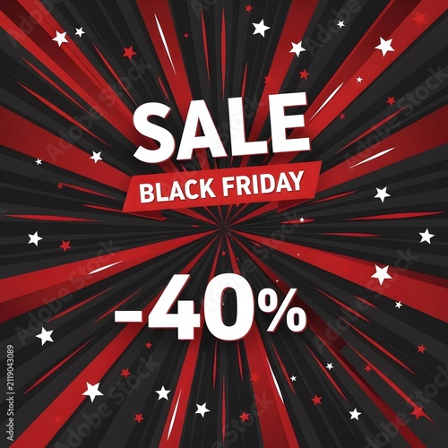 Black Friday sale banner with 40 percent discount. High-impact retail promotion graphic for e-commerce and advertising campaigns.