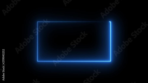 Bright blue neon rectangular frame glowing against a dark black background with a subtle light diffusion effect Keywords: blue neon, rectangular frame, glowing.