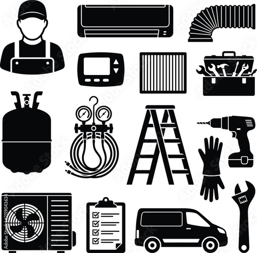 HVAC Air Conditioning Maintenance and Heating Repair Tools Glyph Icon Set for Service TechniciansHVAC Air Conditioning Maintenance and Heating Repair Tools Glyph Icon Set for Service Technicians