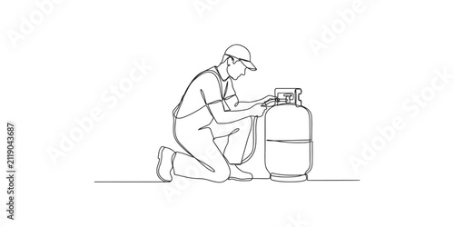 Continuous line drawing of a worker fixing a propane gas tank
