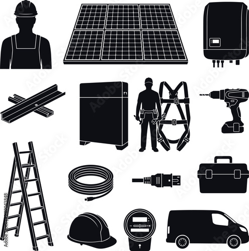Solar Panel System Installation and Renewable Energy Maintenance Equipment Glyph Icon SetSolar Panel System Installation and Renewable Energy Maintenance Equipment Glyph Icon Set