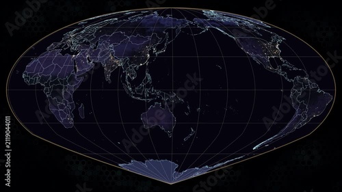 Sinu Mollweide world map projection. Earth rotates eastward. Glowing city lights, borders, and graticule. Animated hexagonal background. Seamless loop. 4K resolution. Night view.