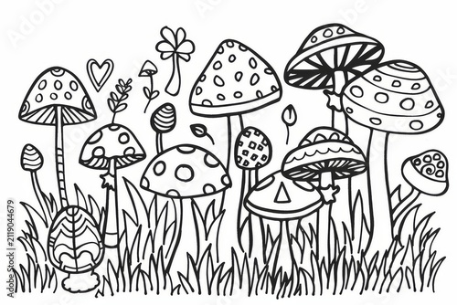 Group of whimsical cartoon mushrooms, black and white coloring page for kids