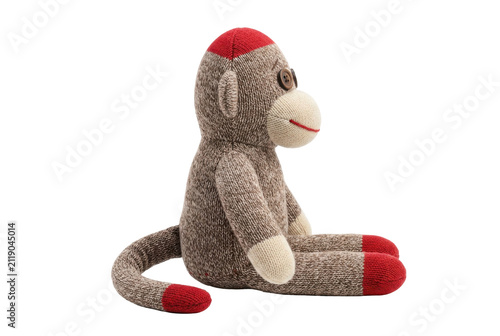 Traditional knit sock monkey stuffed toy.