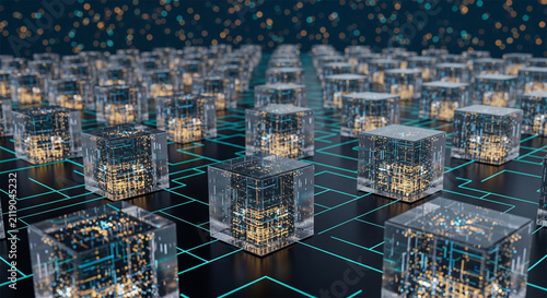 Quantum computer processors, futuristic microchip cubes on circuit board, digital data network