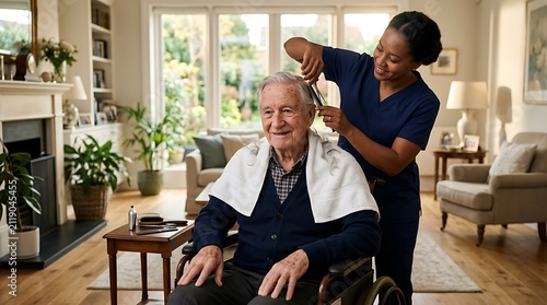 Caregiver provides a professional haircut to an elderly man sitting in a wheelchair within the comfort of his bright and cozy living room.