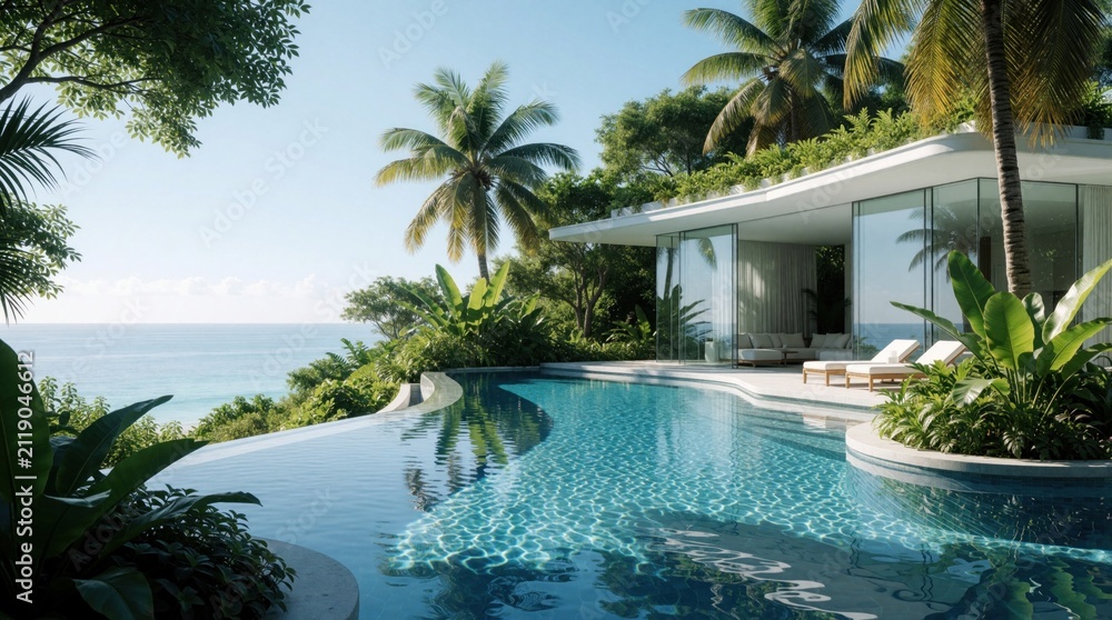 Fototapeta premium Modern villa with infinity pool overlooks ocean at tropical resort. White building features glass walls surrounded by rich palm trees, plants. Peaceful terrace area offers relaxation with sun