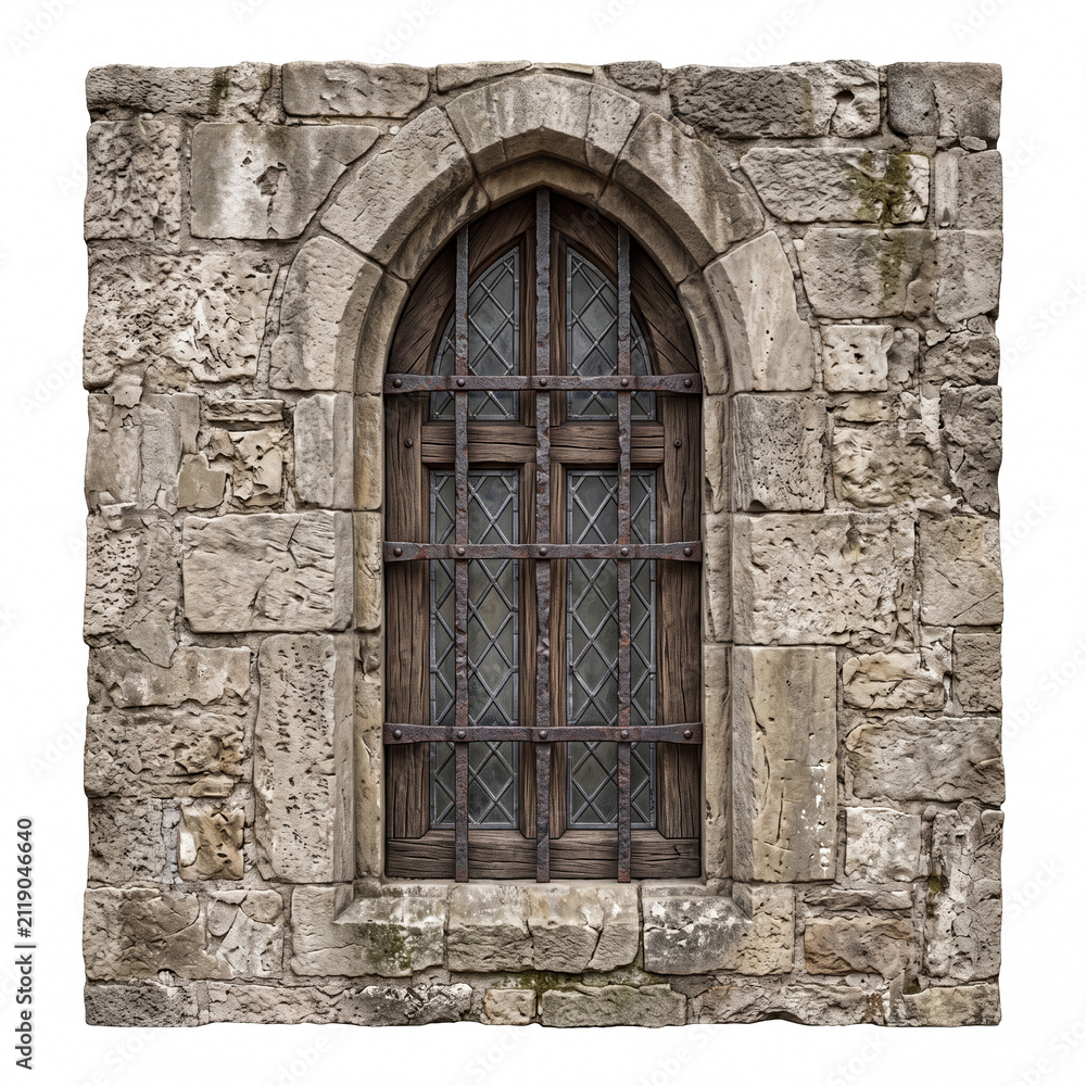 Obraz premium Isolated gothic stone window with wooden bars and diamond glass Short description: Realistic arched gothic stone window featuring wooden crossbars, diamond-patterned glass and weathered stone wall. Pe