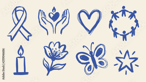 Blue hand drawn charity and hope icons vector set with awareness ribbon heart hands candle flower butterfly and star for community support
