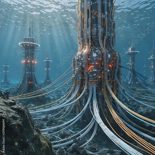 Underwater Subsea Data Center Fiber Cable Vector Illustration