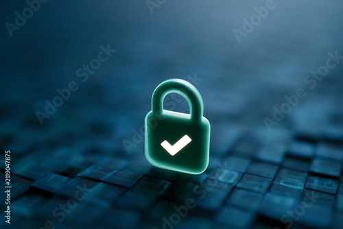 A glowing green padlock icon with a checkmark stands on a textured dark blue digital background, symbolizing security and protection.